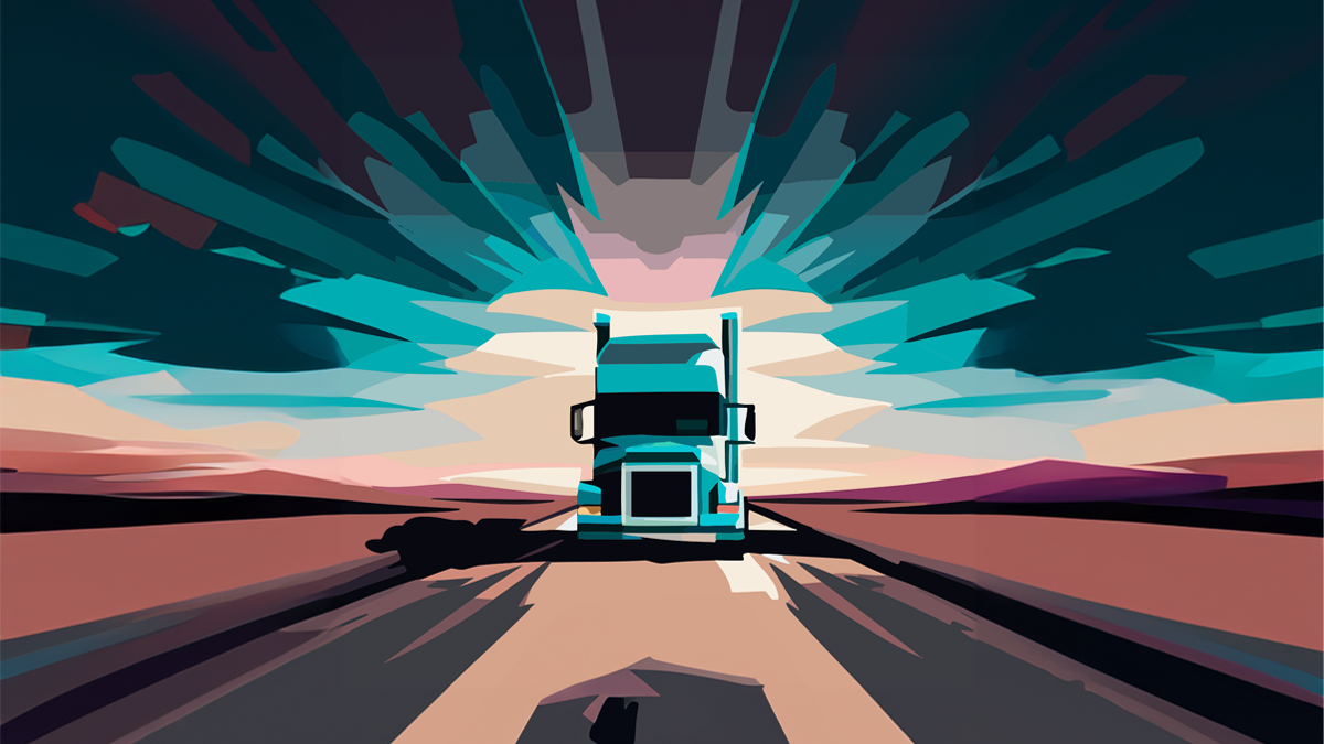 Illustration of a semi-truck driving through a storm, symbolizing resilience in the challenging freight market.
